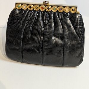 Black Lizard Leather Evening Clutch with Gold Multistone Frame